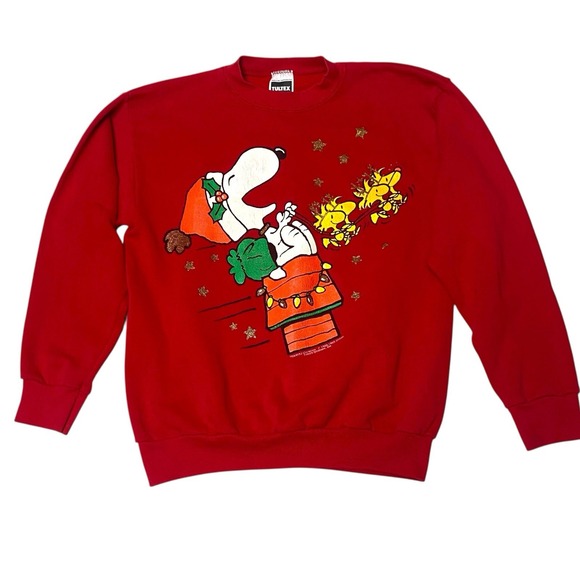 Vintage 90s Tultex Snoopy Peanuts Christmas Sweatshirt Adult L Red Holiday 80s - Picture 1 of 7